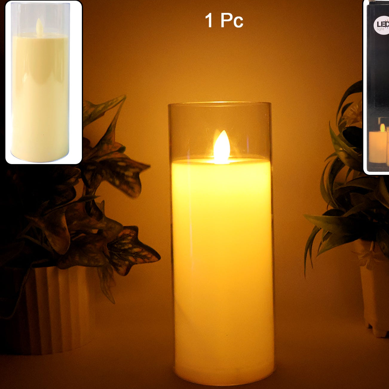 Acrylic Glass LED Pillar Candle - Flameless & Smokeless, Realistic Flickering Light