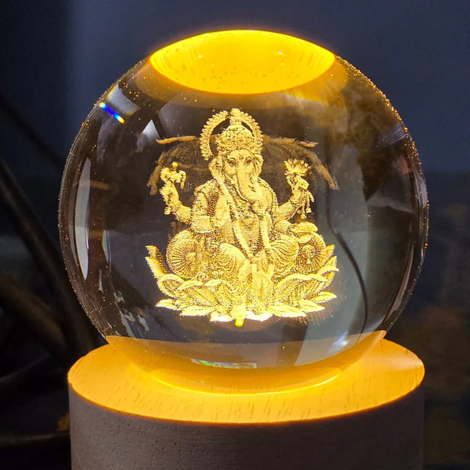 Ganpati 3d Crystal Ball Lamps With Wood Base
