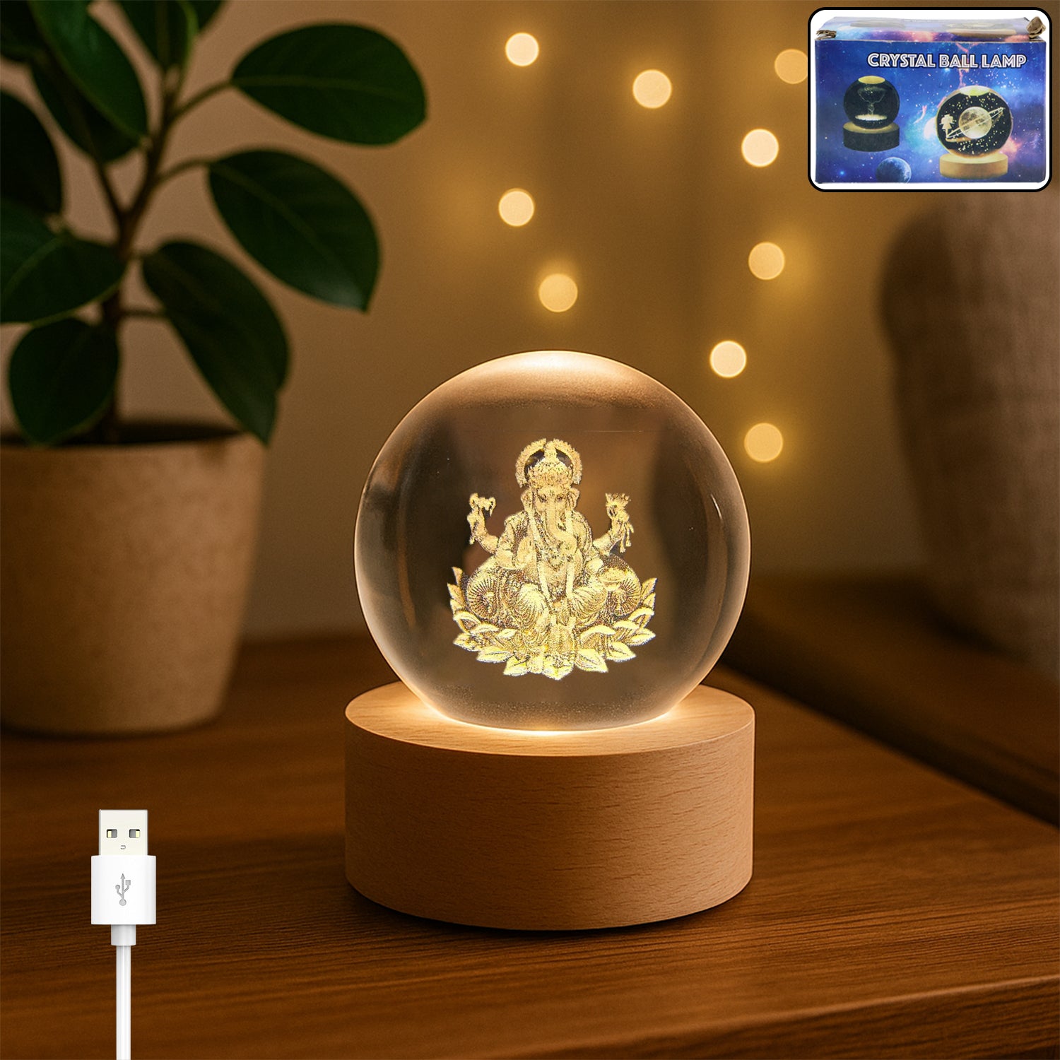 Ganpati 3d Crystal Ball Lamps With Wood Base