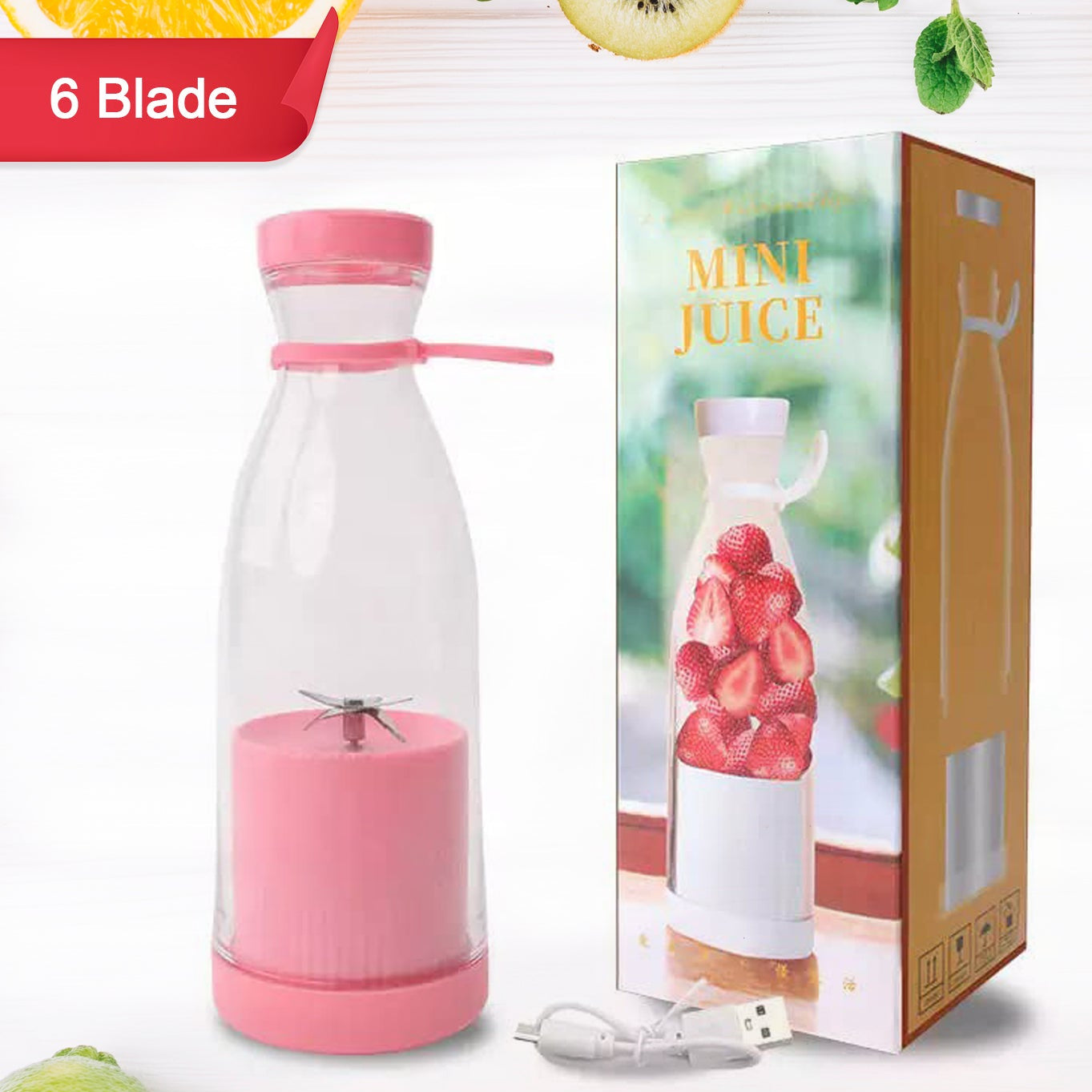 Portable Blender Juicer – 420ml, 6 Blades, USB Rechargeable, Wireless