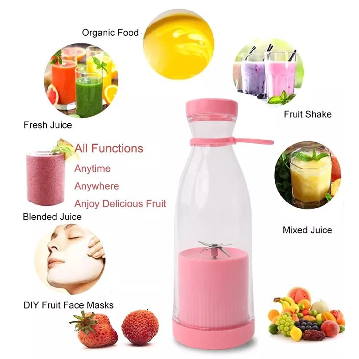 Portable Blender Juicer – 420ml, 6 Blades, USB Rechargeable, Wireless