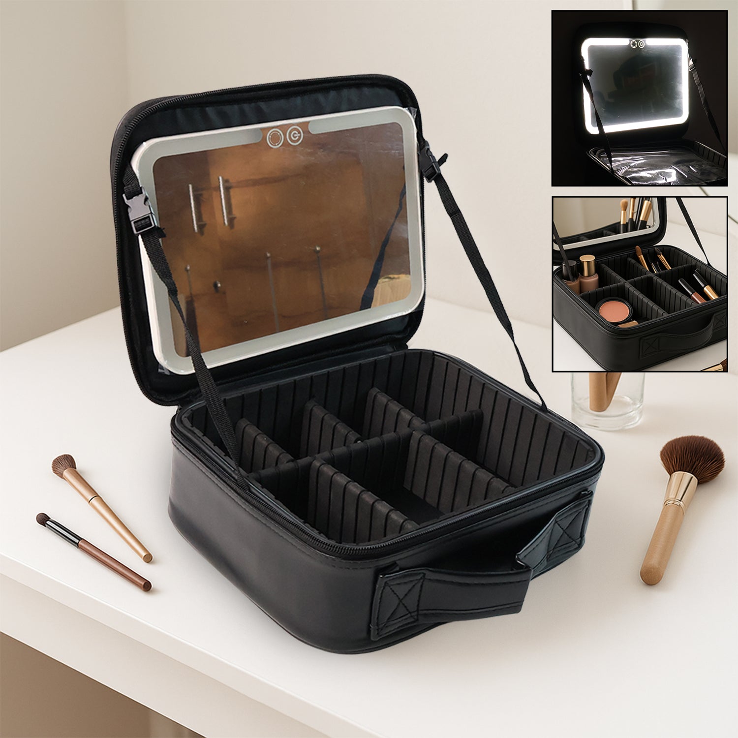 Travel Train Case with Mirror LED Light, 3 Cosmetic Bag Portable Storage