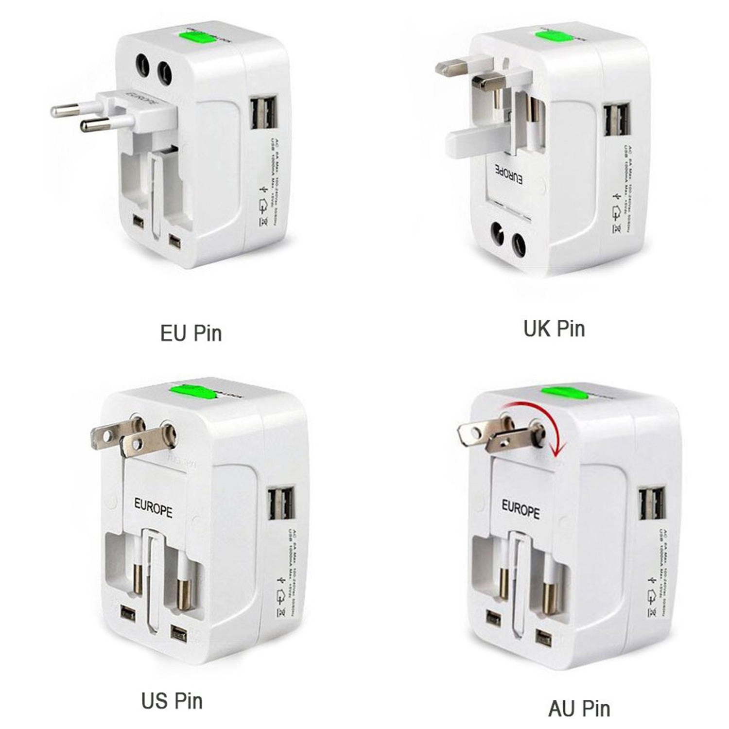 All-in-One Universal Travel Adapter – International Power Plug with USB (AU/UK/US/EU)
