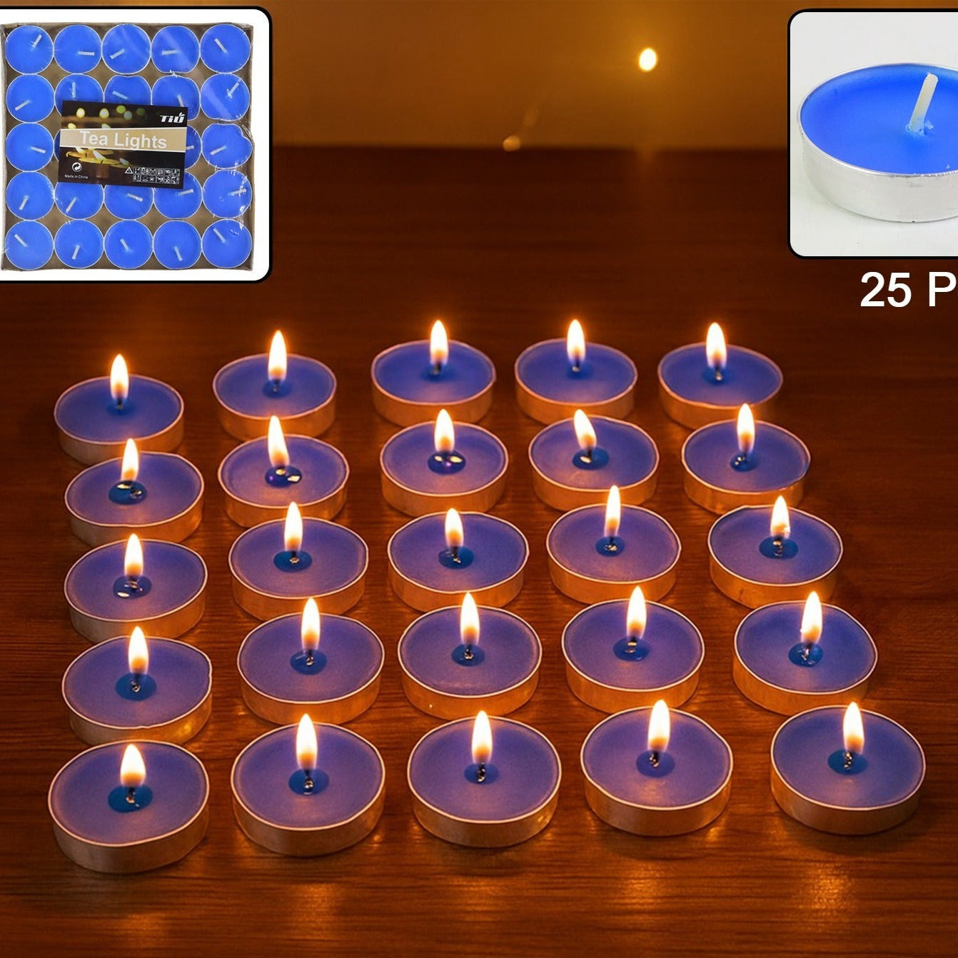 Aesthetics Blue Tea Light Candles – Set of 25 Unscented Wax Candles in Metal Cups