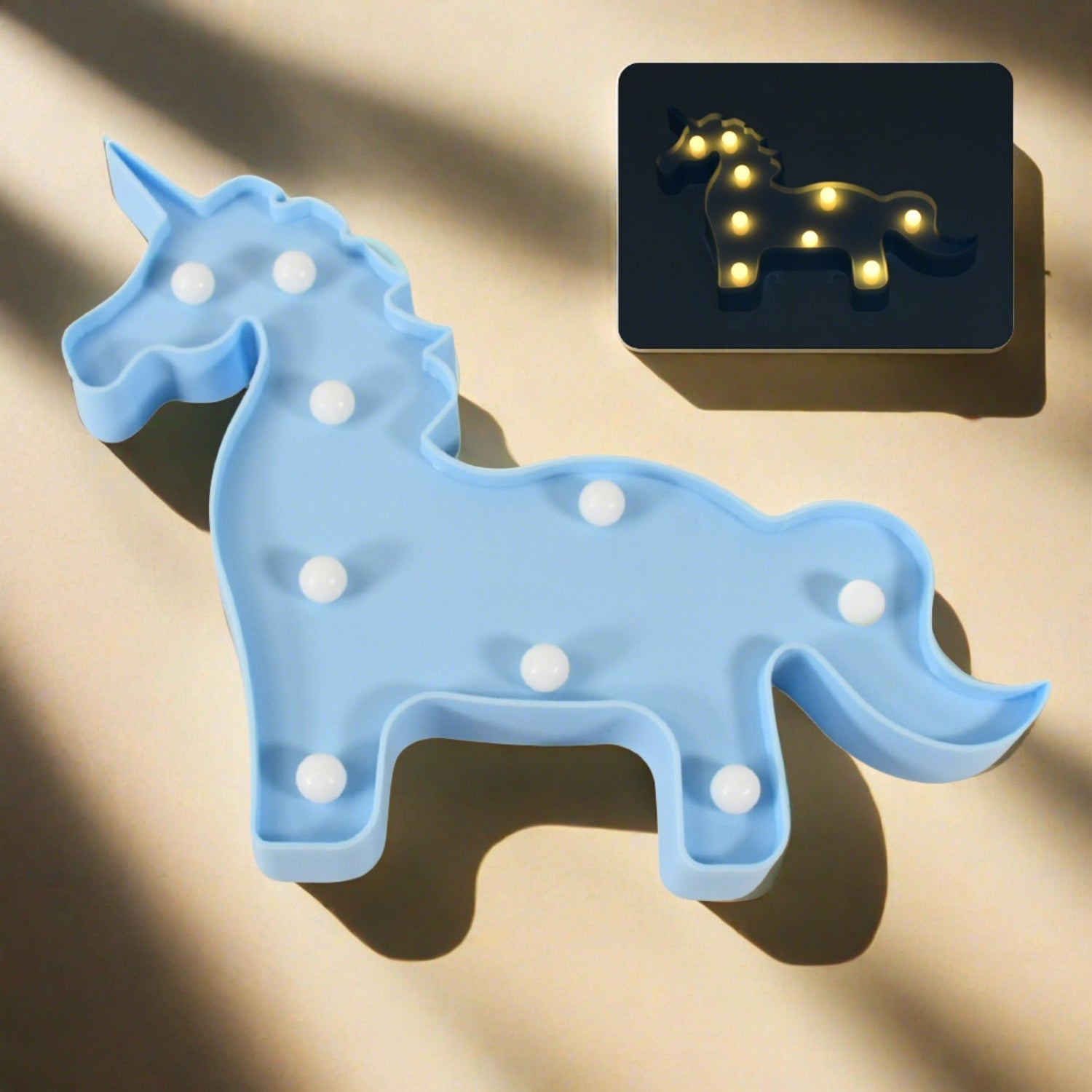 LED Unicorn Night Light – Battery-Operated, Wall-Mountable & Table Decor Lamp in Light Blue